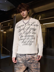 Street Letter Print Waffle Long-Sleeve Tee; Apricot / M, Apricot / L, Apricot / XL