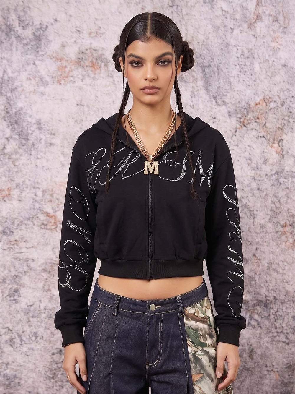 Street Hip-Hop Rhinestone Cropped Zip Up Hoodie