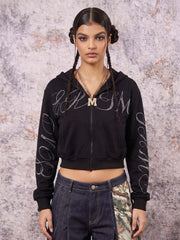 Street Hip-Hop Rhinestone Cropped Zip Up Hoodie