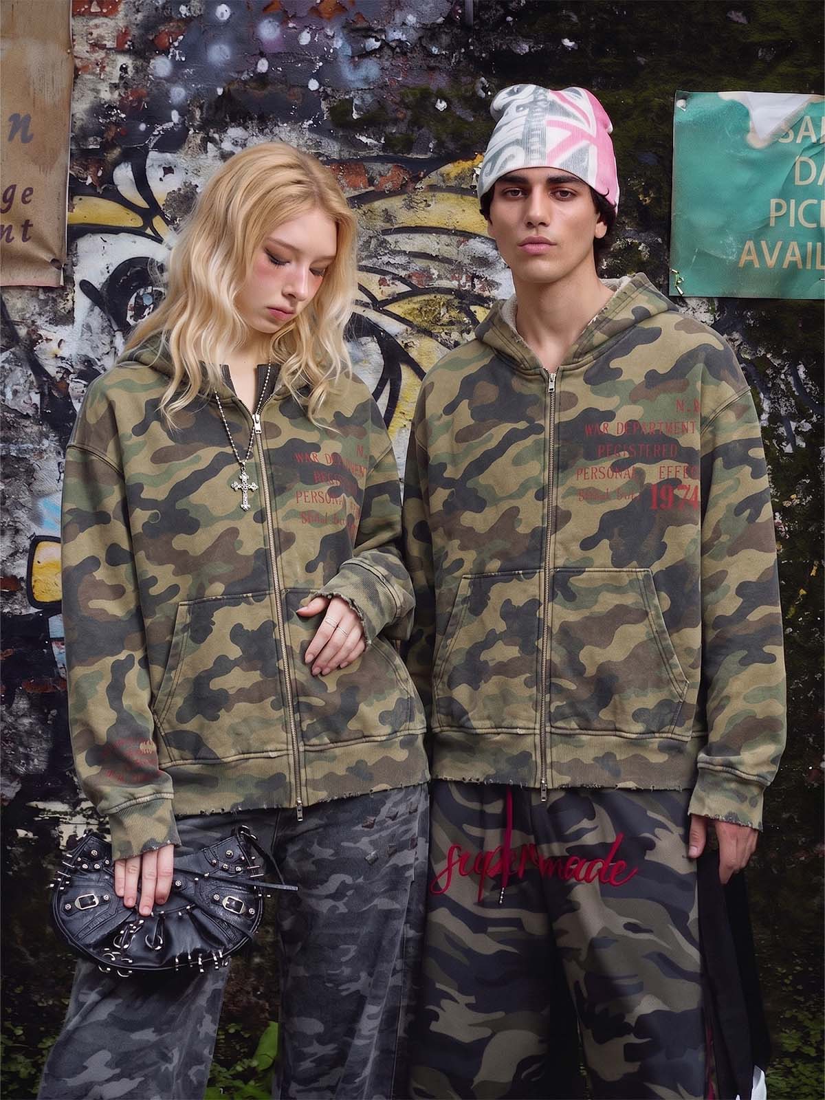 Camo Letter Graphic Distressed Zip-Up Hoodie