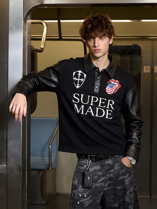 Distressed Graphic Faux Leather Long Sleeve Polo