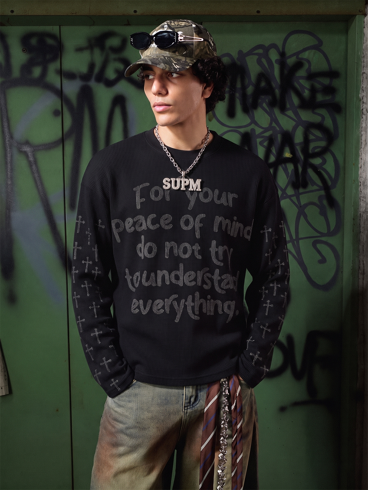 Slogan Graphic Waffle Long Sleeve Tee