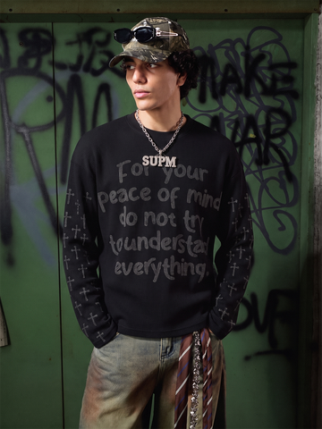 Slogan Graphic Waffle Long Sleeve Tee