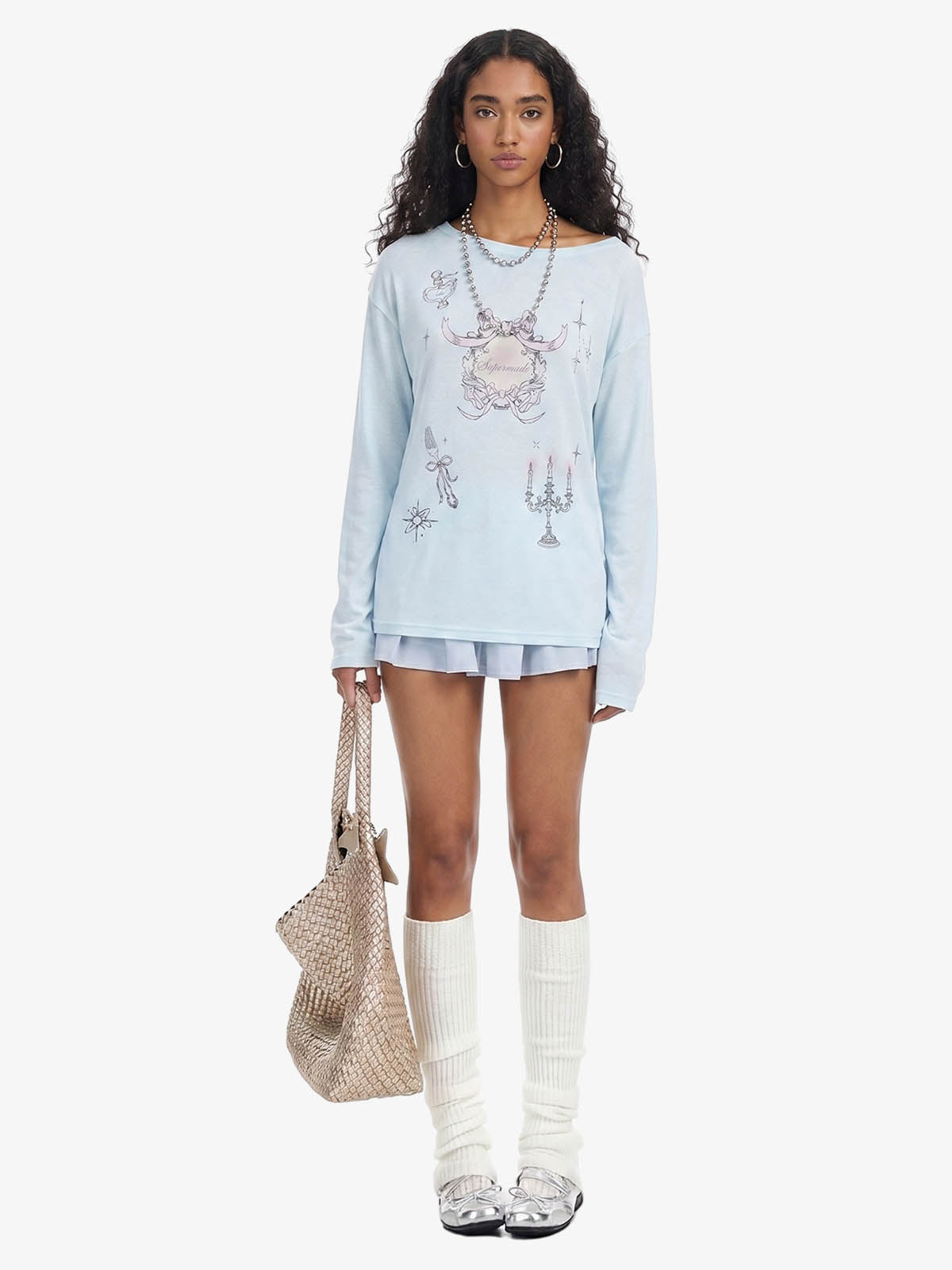 Off Shoulder Bow Graphic Long Sleeve T-Shirt 