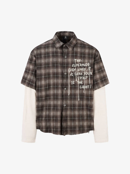 Cotton Street Distressed Plaid Faux Two-Piece Shirt 