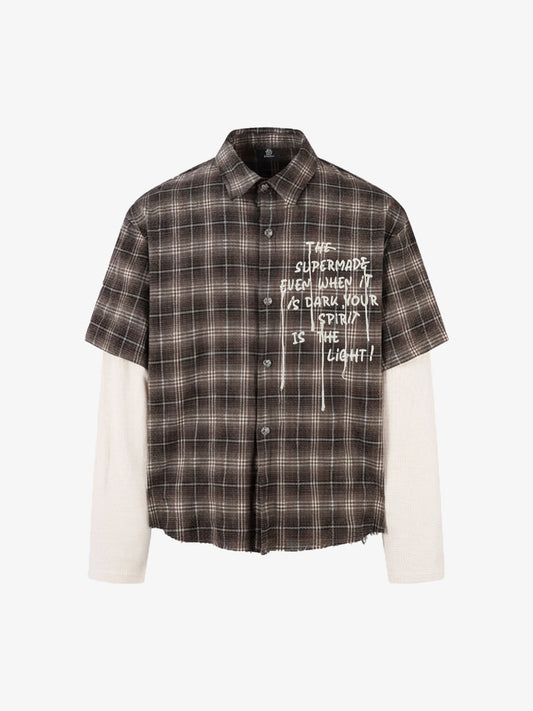 Cotton Street Distressed Plaid Faux Two-Piece Shirt 