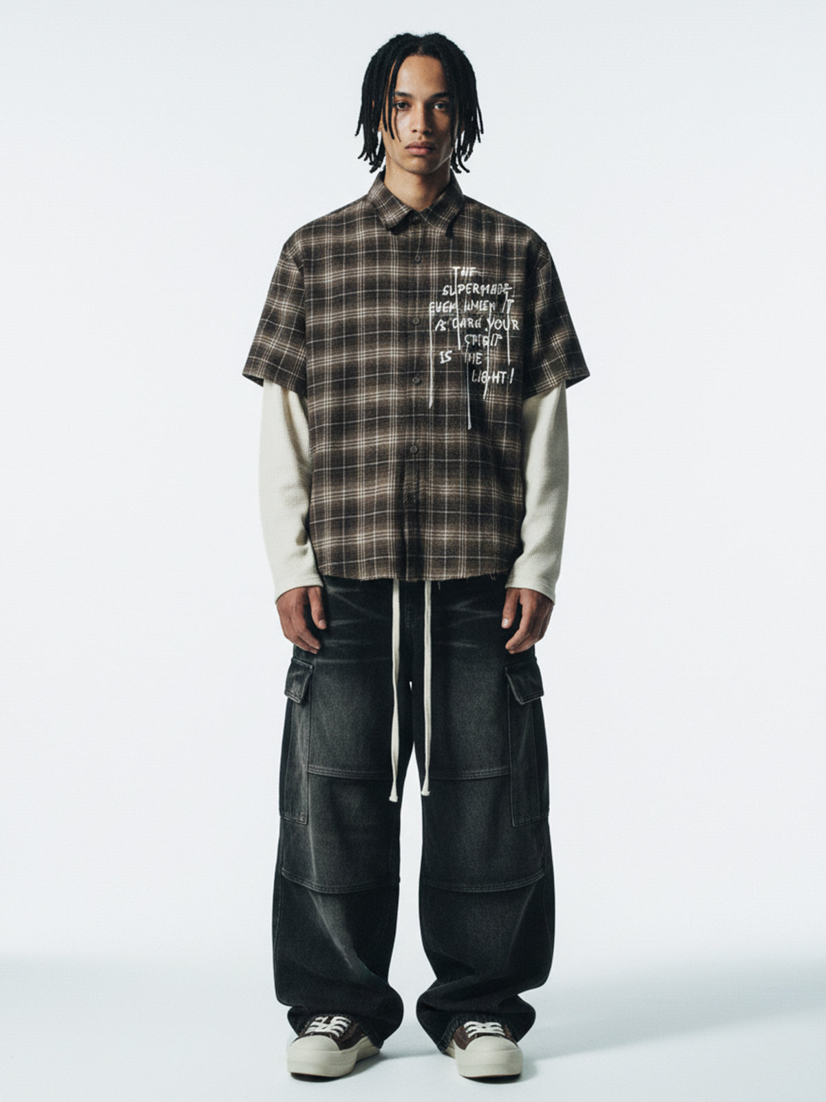 Cotton Street Distressed Plaid Faux Two-Piece Shirt 