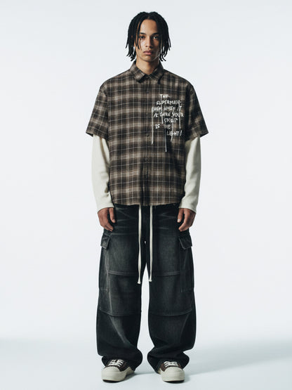 Cotton Street Distressed Plaid Faux Two-Piece Shirt 