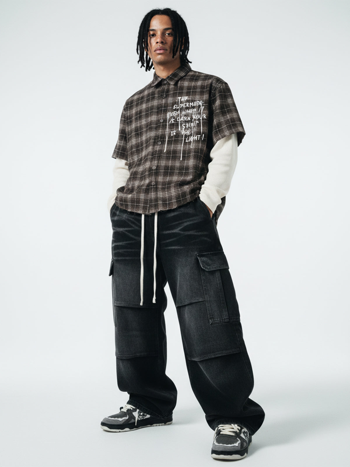 Cotton Street Distressed Plaid Faux Two-Piece Shirt 