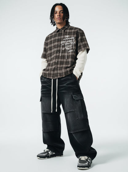 Cotton Street Distressed Plaid Faux Two-Piece Shirt 