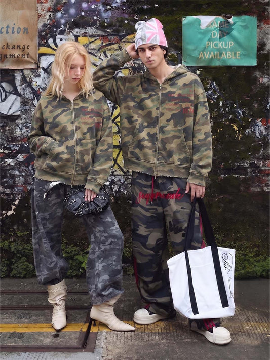 Camo Letter Graphic Distressed Zip-Up Hoodie