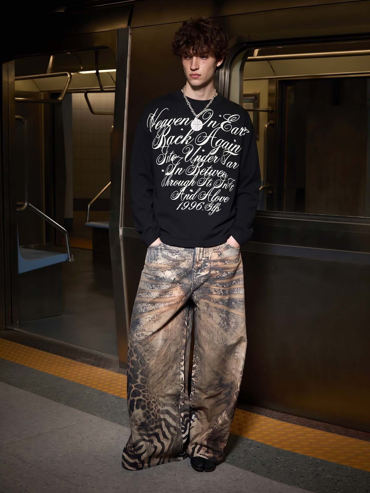 Street Letter Print Waffle Long-Sleeve Tee; Black / M, Black / L, Black / XL