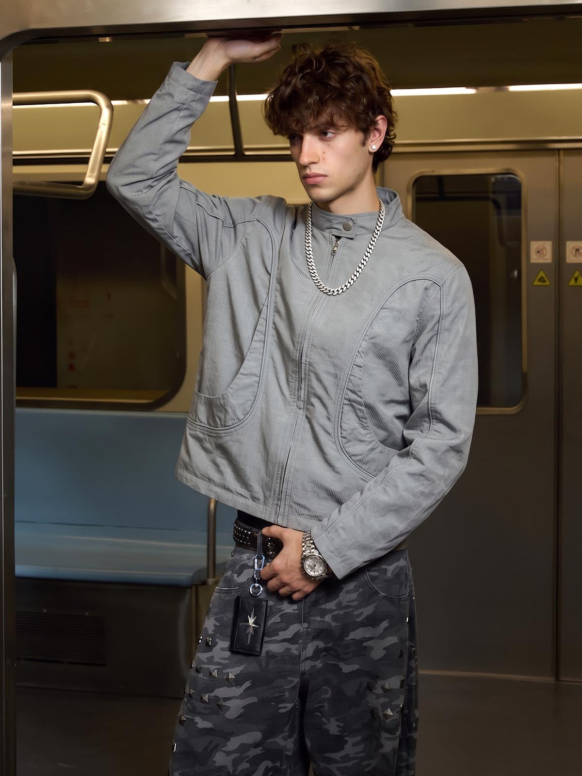 Retro Patchwork Stand Collar Work Jacket; Gray-Green / S, Gray-Green / M, Gray-Green / L, Gray-Green / XL