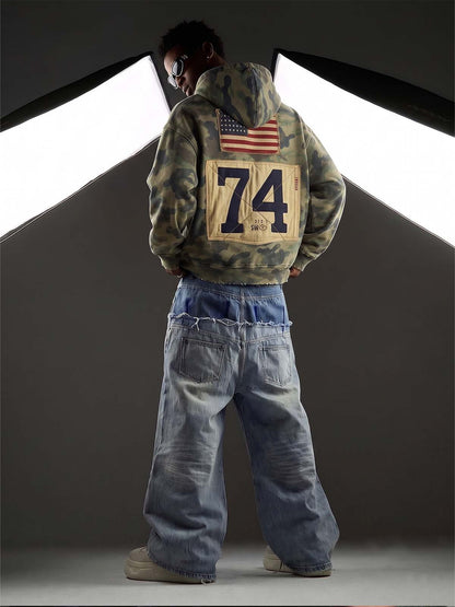 Camo Letter Graphic Distressed Zip-Up Hoodie