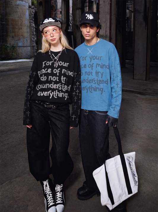 Slogan Graphic Waffle Long Sleeve Tee