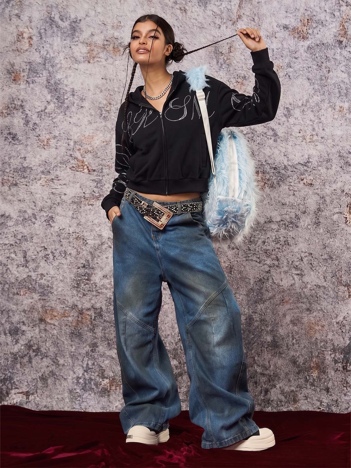 Street Hip-Hop Rhinestone Cropped Zip Up Hoodie