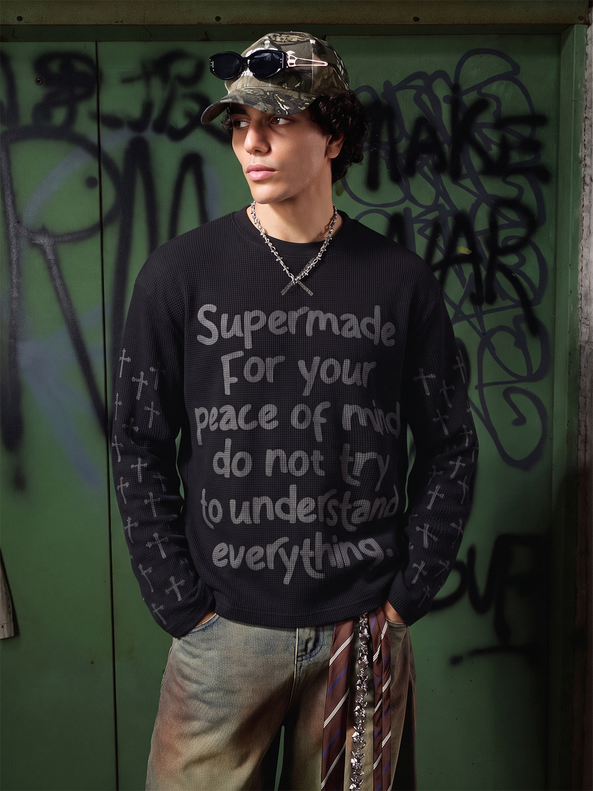 Langarmshirt mit Slogan und Waffelmuster