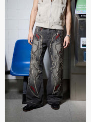 Embroidered Frayed Distressed Jeans; Black / S, Black / M, Black / L, Black / XL