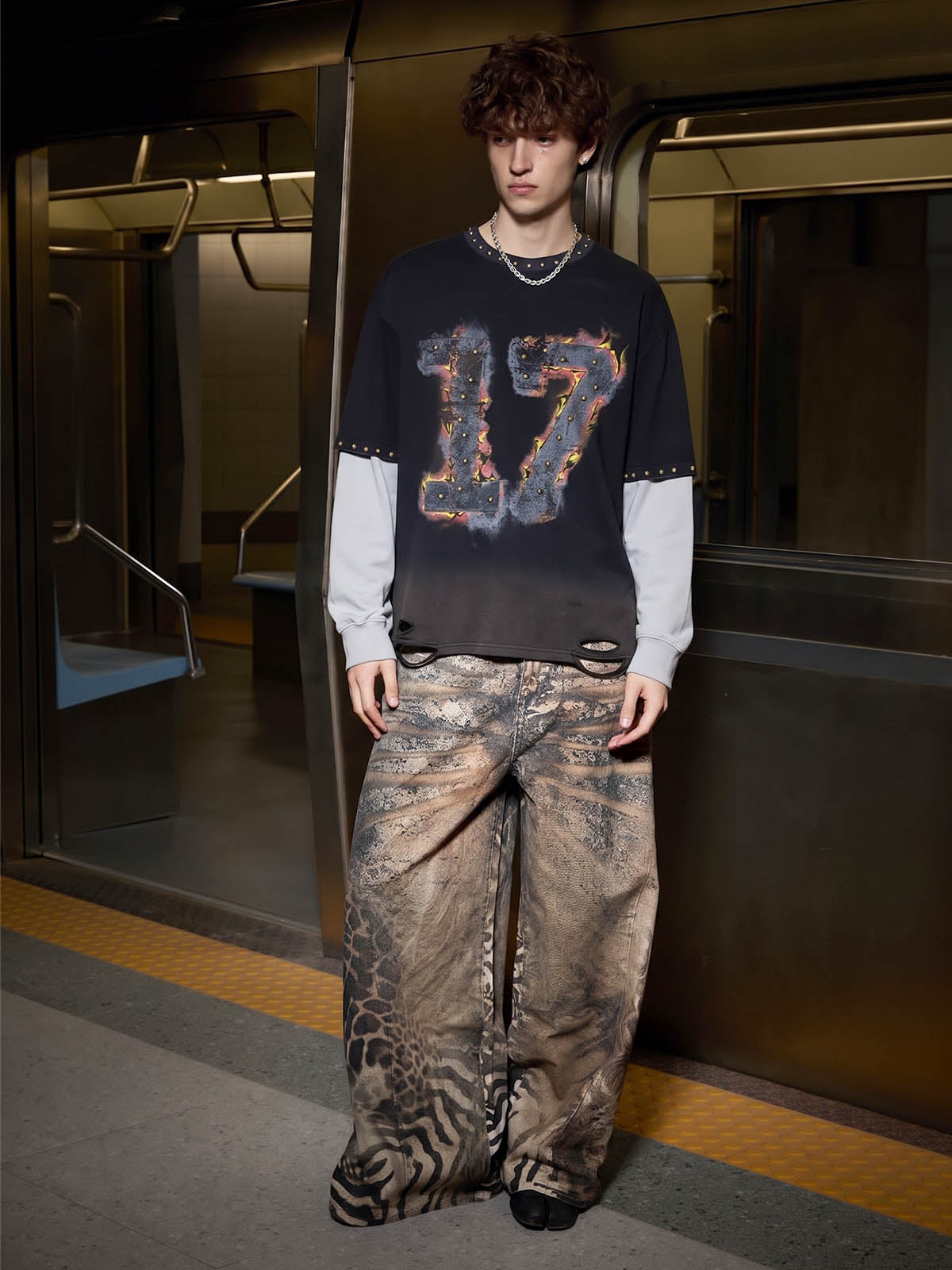 Flame Graphic Studded Distressed Patchwork Long Sleeve Tee; Black / M, Black / XL, Black / 2XL, Black / L