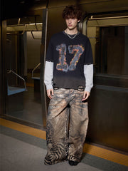 Flame Graphic Studded Distressed Patchwork Long Sleeve Tee; Black / M, Black / XL, Black / 2XL, Black / L