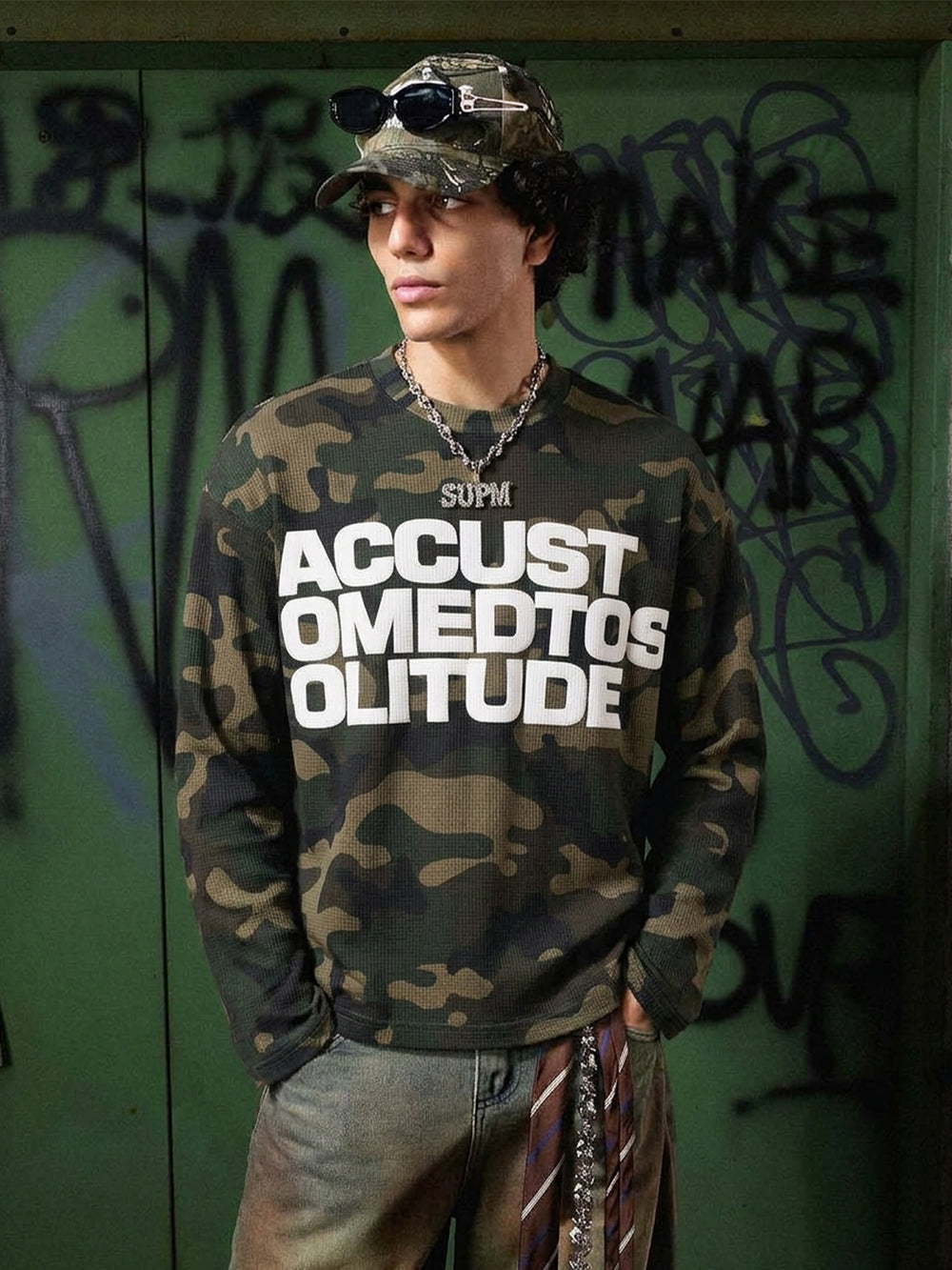 Camo Letter Foam Graphic Waffle Long Sleeve Tee