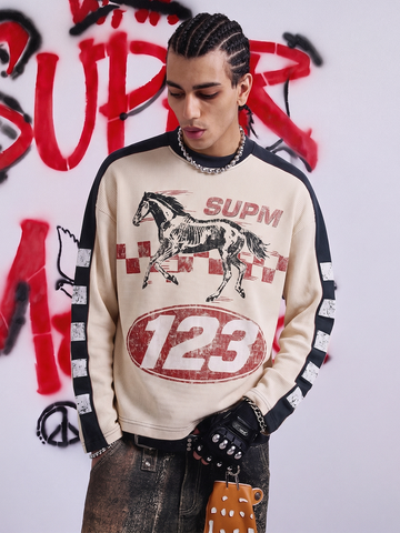 Biker Graphic Color Block Waffle Long Sleeve Tee