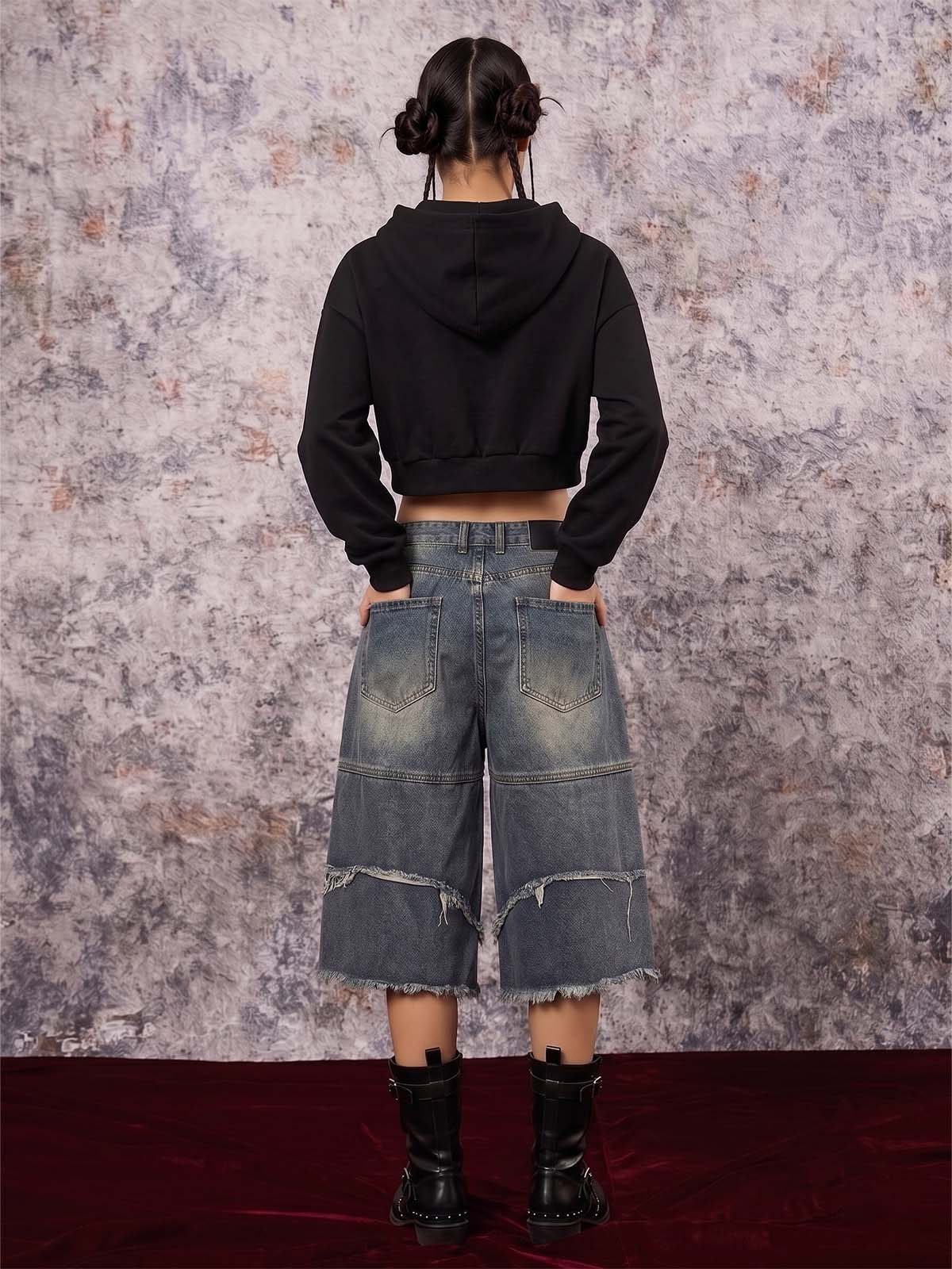 Street Hip-Hop Rhinestone Cropped Zip Up Hoodie