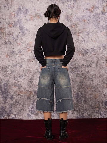 Street Hip-Hop Rhinestone Cropped Zip Up Hoodie