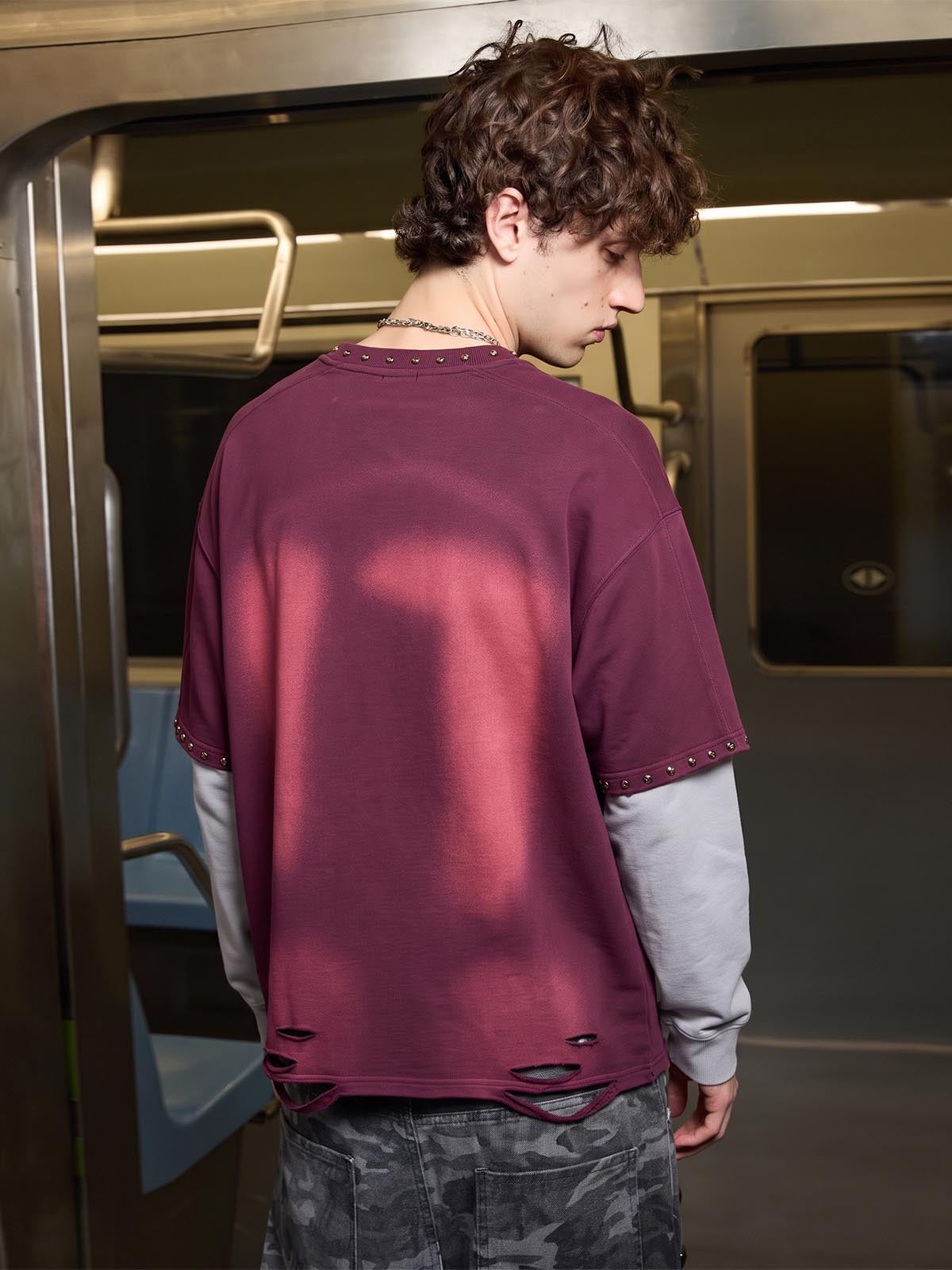 Flame Graphic Studded Distressed Patchwork Long Sleeve Tee; Wine Red / M, Wine Red / XL, Wine Red / 2XL, Wine Red / L