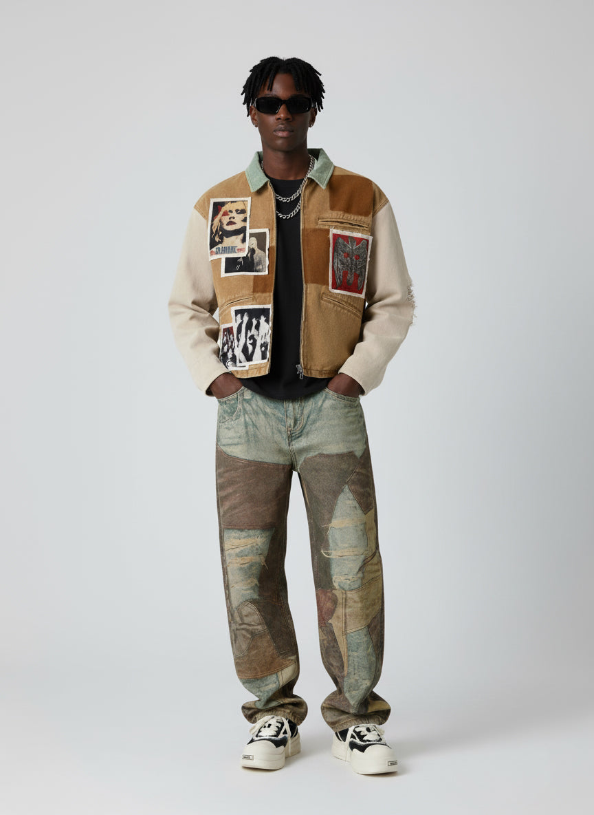 Punk Retro Collage Print Distressed Heavy Jacket 