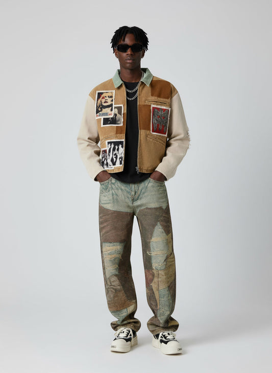 Punk Retro Collage Print Distressed Heavy Jacket 