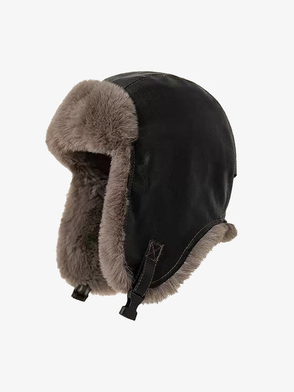 Vintage Distressed Leather Plush Trapper Hat