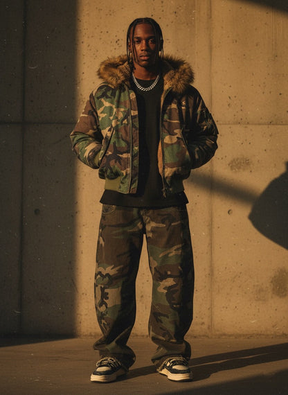 Camouflage Fur Collar Reversible Cotton Jacket 