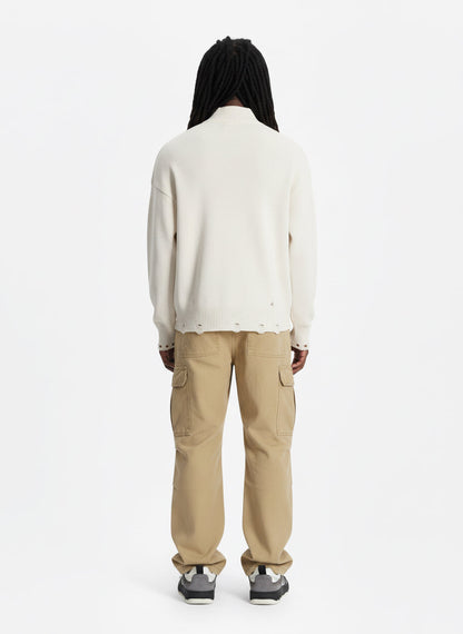 Distressed Ripped-Edge Turtleneck Diamond Star Zipper Knitted Sweater 