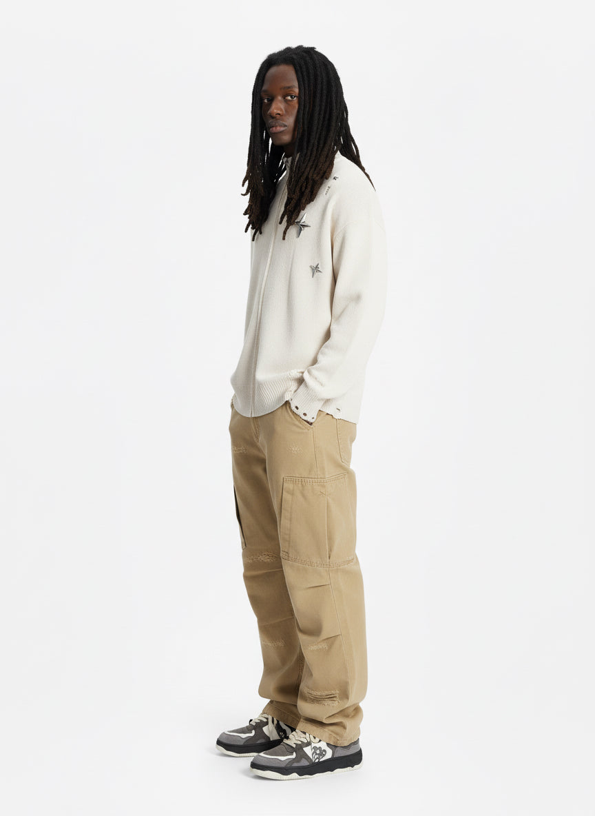 Distressed Ripped-Edge Turtleneck Diamond Star Zipper Knitted Sweater 