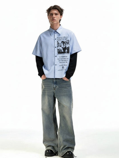 Vintage Illustration Striped Faux Two-Piece Shirt 