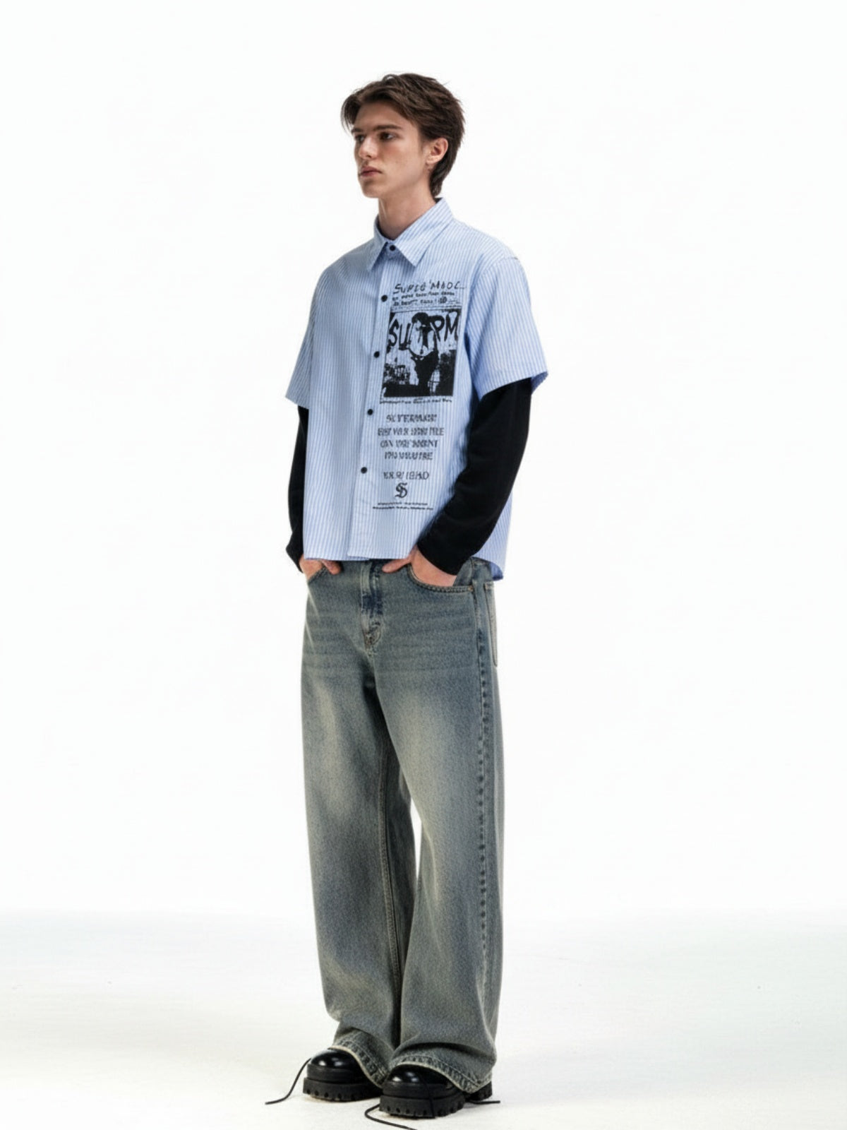 Vintage Illustration Striped Faux Two-Piece Shirt 