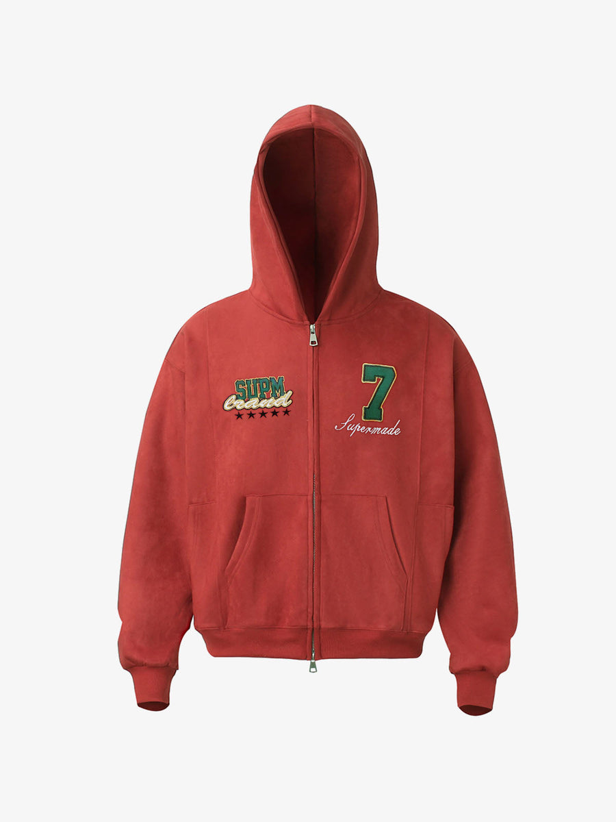 Suede Letter Embroidered Cropped Zip-Up Hoodie 