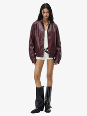 Retro Leather Stand-Collar Elastic Hem Jacket 