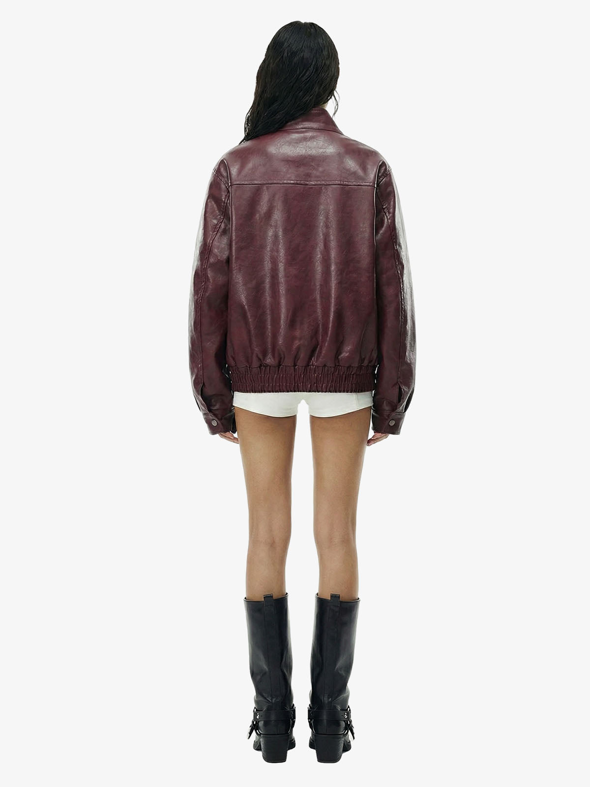 Retro Leather Stand-Collar Elastic Hem Jacket 