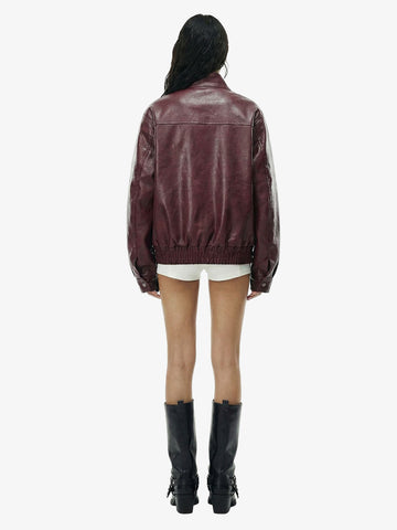 Retro Leather Stand-Collar Elastic Hem Jacket 