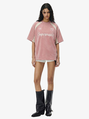 Suede Logo Embroidered Patchwork Short Sleeve T-Shirt 