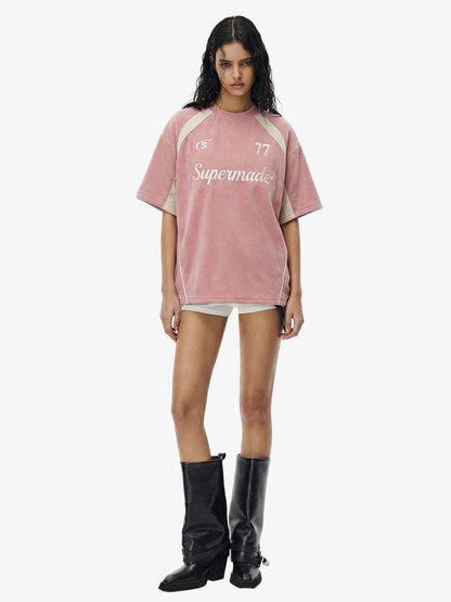 Suede Logo Embroidered Patchwork Short Sleeve T-Shirt 