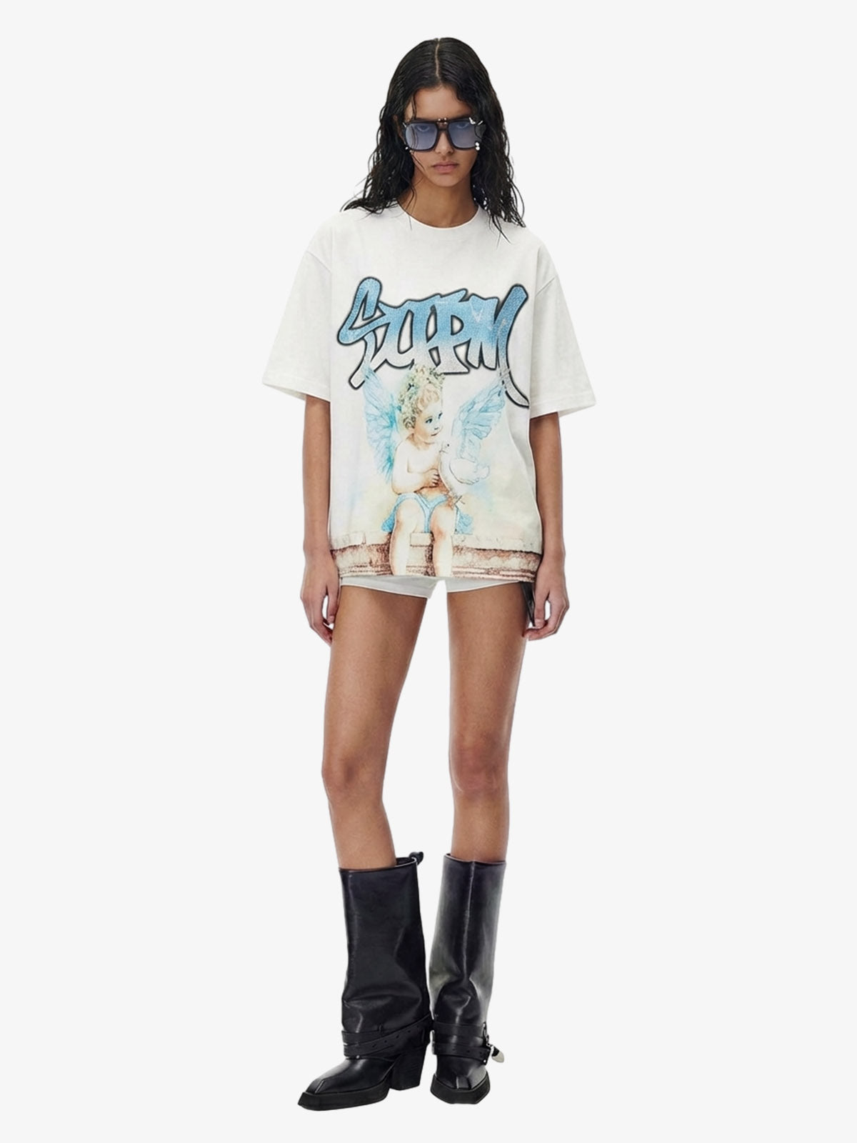 Retro Street Peace Dove Angel Rhinestone T-Shirt 