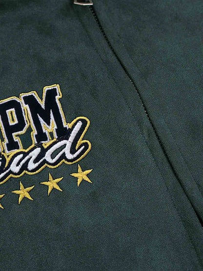 Suede Letter Embroidered Cropped Zip-Up Hoodie 