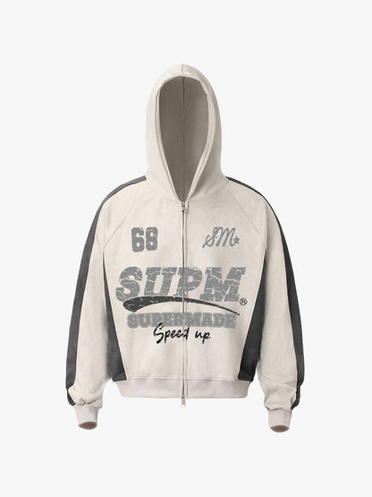 Suede Foam Letter Patchwork Zipper Shorts Jacket 