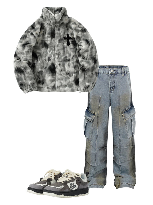 Heavy-Duty Faux Lambswool Tie-Dye Urban Jacket - 1558