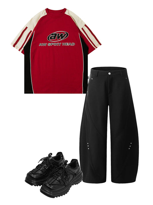 Color-Blocked Strip Racing T-shirt - 2076