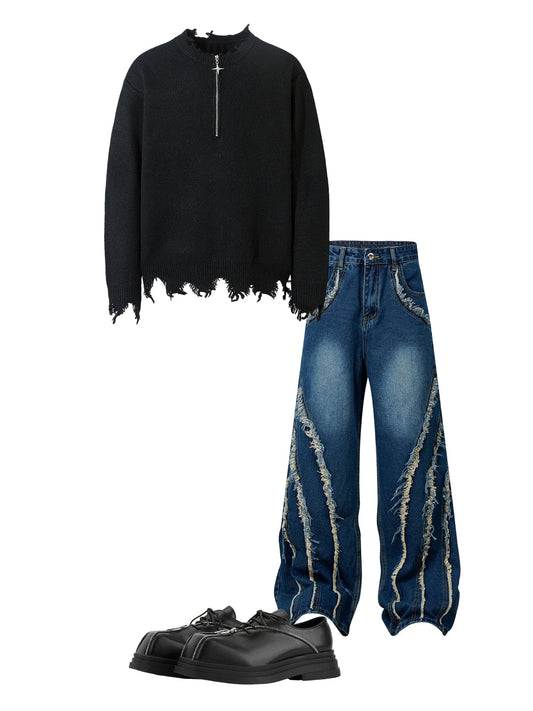 Distressed Quarter Zip Sweater