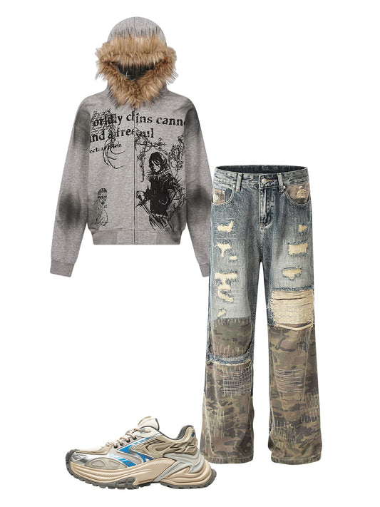 Thesupermade Wasteland Style Cardigan Zip UP Fur Hooded Jacket - 2279